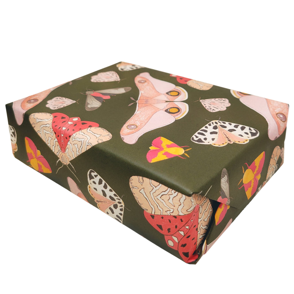 Various Pink Moths on Dark Green Gift Wrap