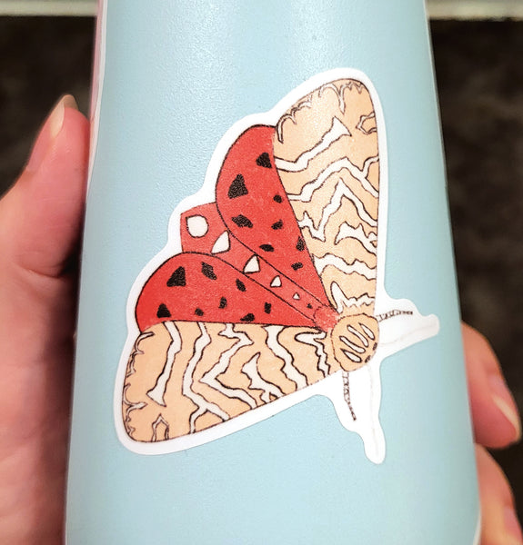 Pink Tiger Moth Vinyl Sticker, 3", Waterproof Water Bottle Sticker, Matte