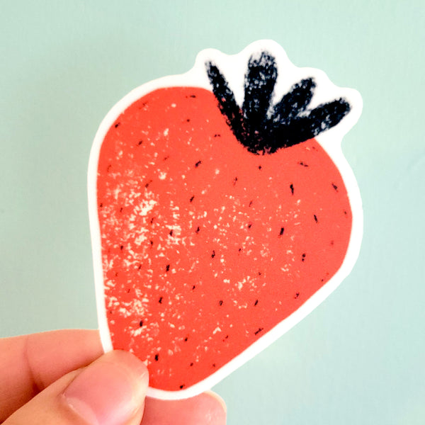 Strawberry Vinyl Sticker in Reddish Pink and Navy Textured Illustration, Water Resistant