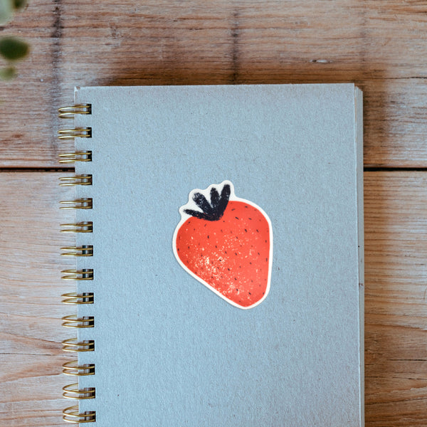 Strawberry Vinyl Sticker in Reddish Pink and Navy Textured Illustration, Water Resistant