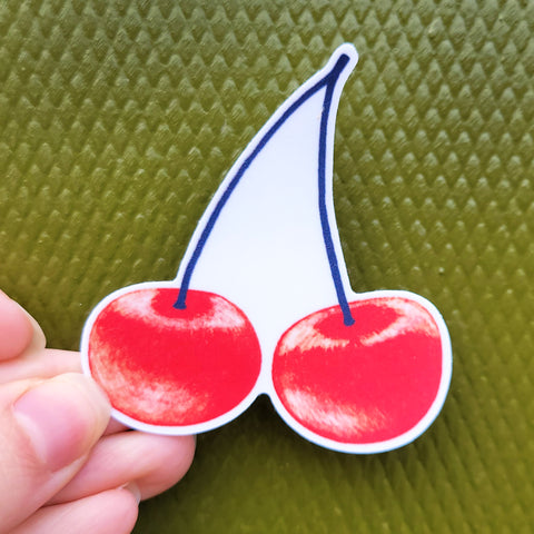Cherry Vinyl Sticker in Red and Navy Textured Illustration, Waterproof