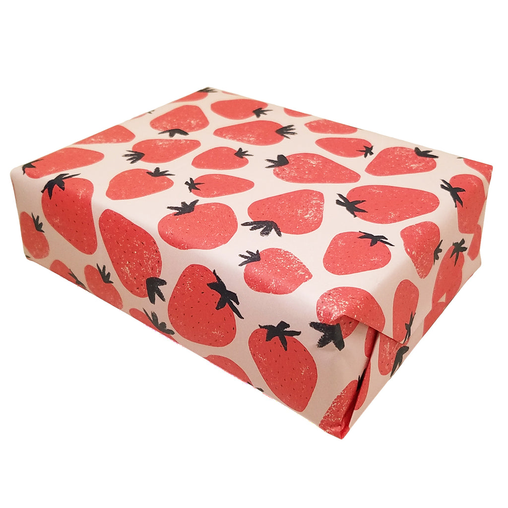 Block Print Red Strawberry Print Gift Wrap on Pink