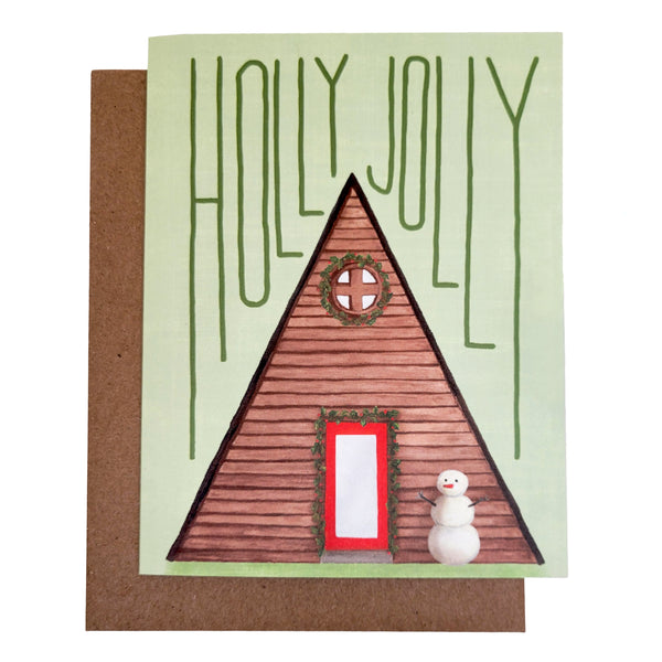 A-Frame with Snowman on Green with Holly Jolly Message Christmas Card