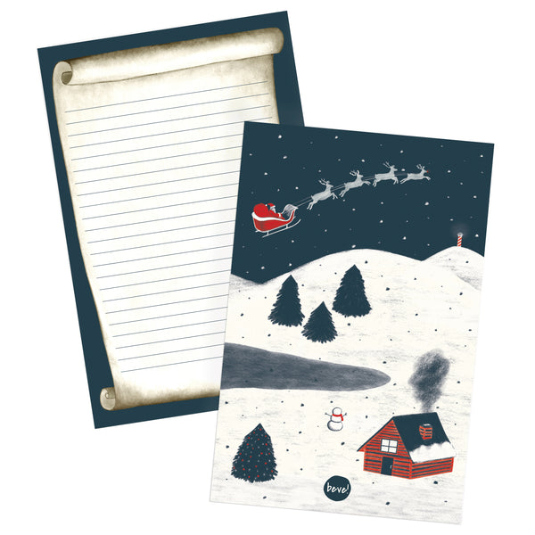Front and Back view of dear santa snow scene in navy, red, and cream writing set